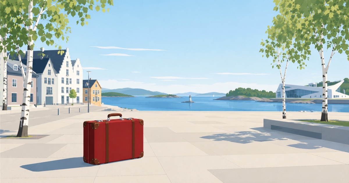 Illustration: a single old-fashioned suitcase standing on an empty sunlit square in front of a train station