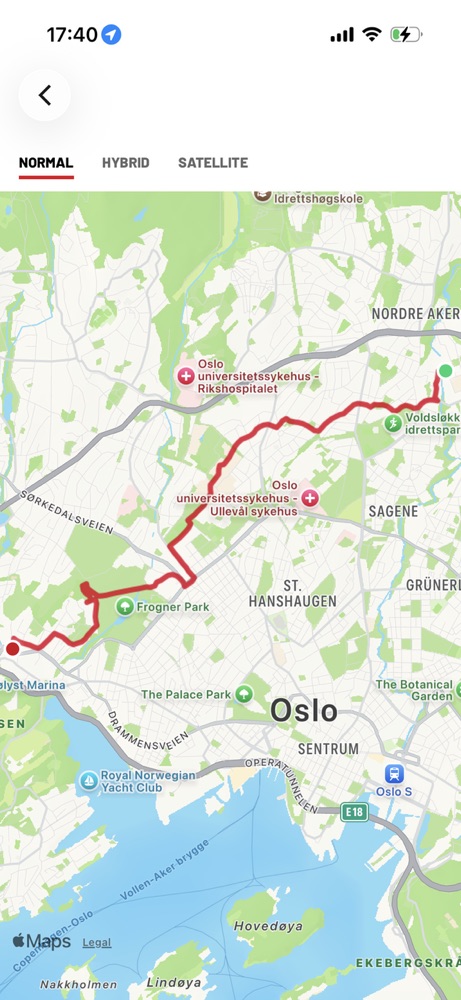 Map of the walking route from Nydalen through Frognerparken to Skøyen