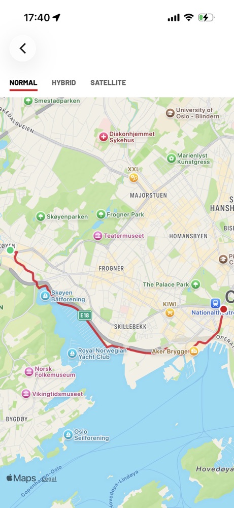 Map of the walking route from Skøyen along the fjord to Nationaltheatret