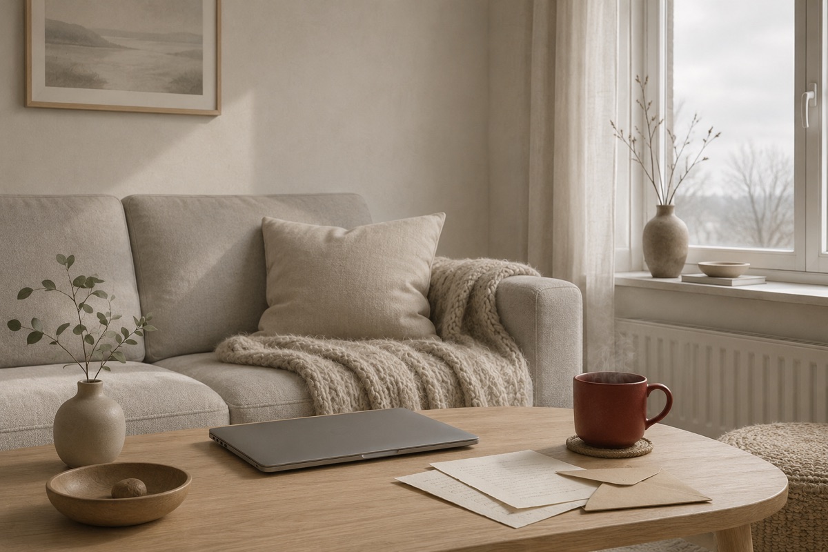 A quiet living room with a blanket, a closed laptop, letters and a red mug