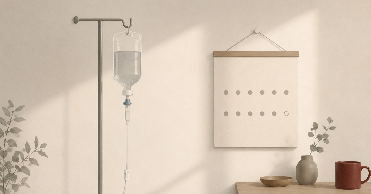 Illustration: an IV drip bag beside a wall calendar with twelve marks, the last one left unmarked