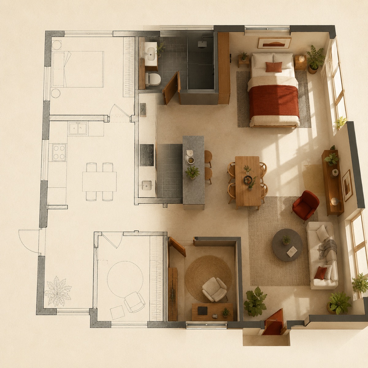 Illustration of an apartment floor plan drawing turning into a warm, furnished home
