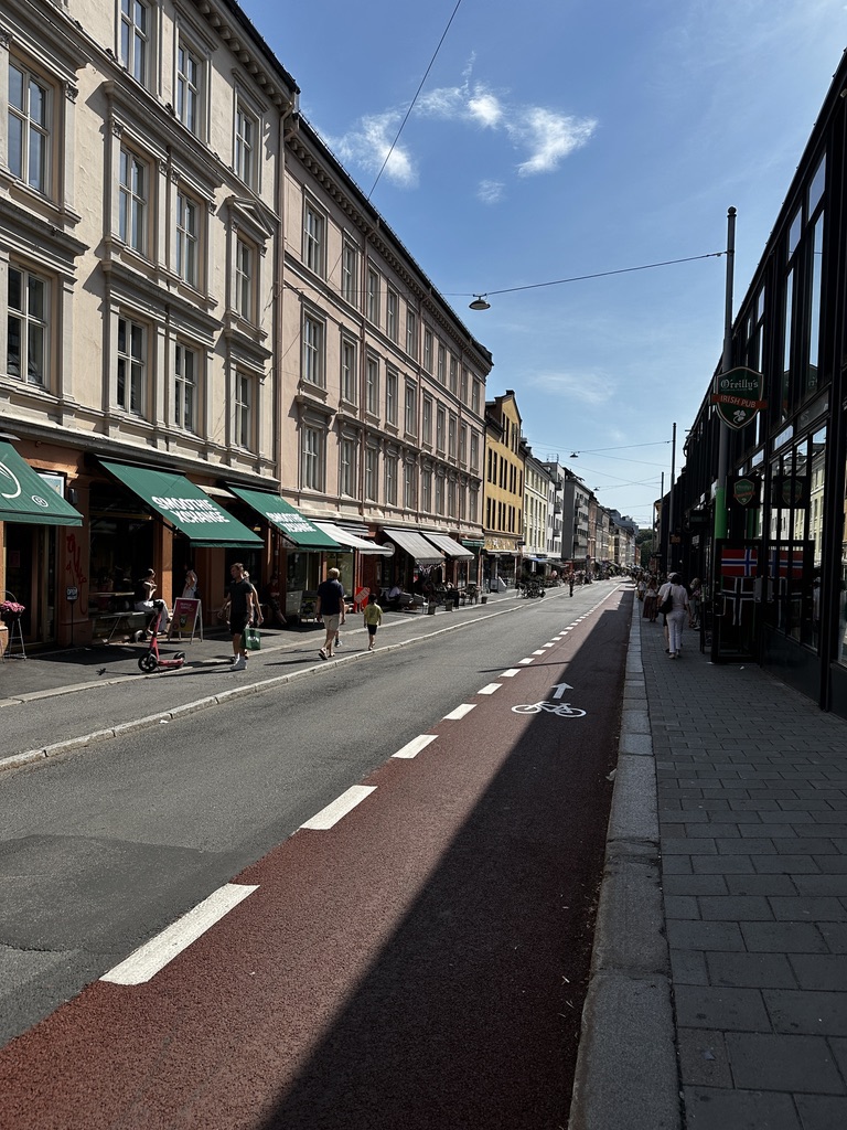 Green awnings, red bike lane, Norwegian flags: very Løkka