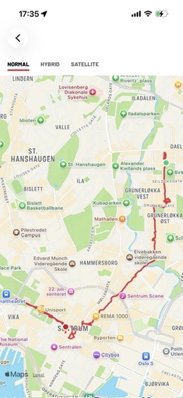 My route: from Birkelund tram stop, through Grünerløkka, down to the Royal Palace