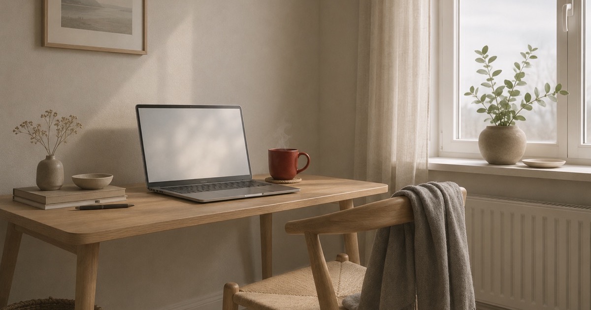 A calm home office desk with a laptop and a steaming red mug by the window