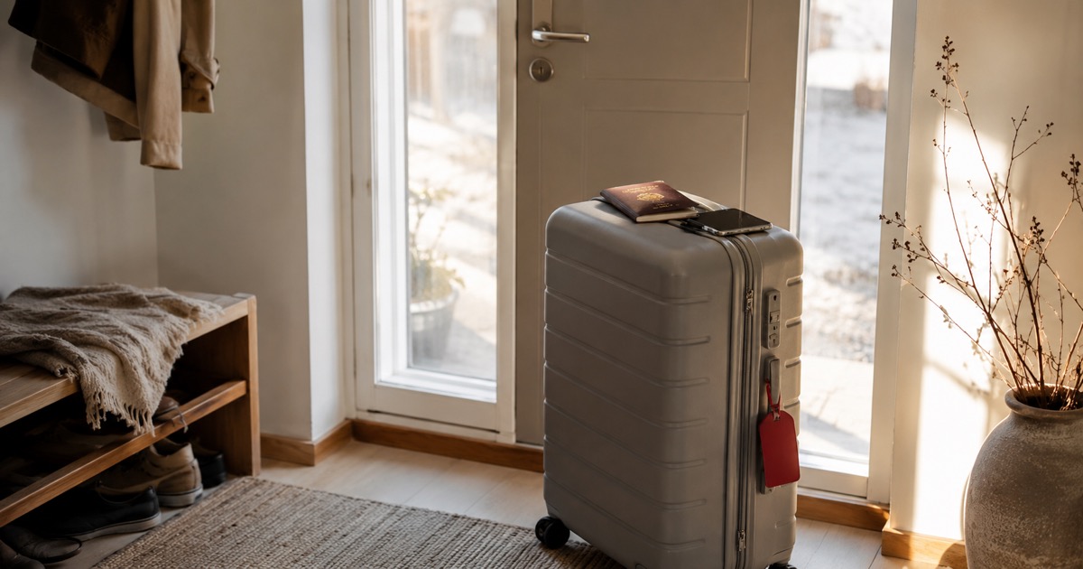 A packed suitcase standing ready by a front door in soft morning light, a passport and phone on top, a red luggage tag