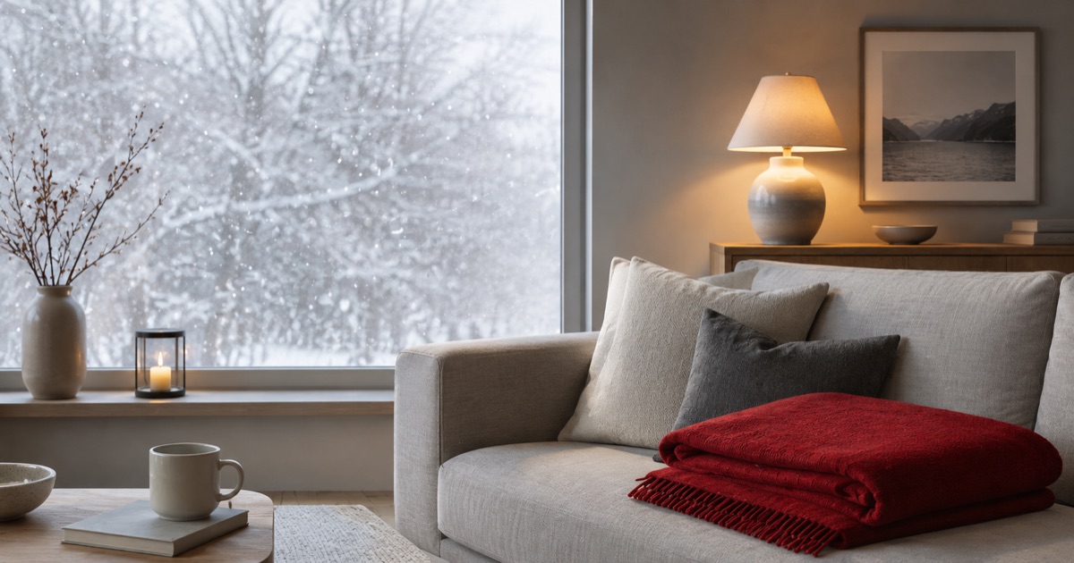 A calm, cozy winter living room with a deep barn-red blanket folded on the sofa and snow falling outside the window