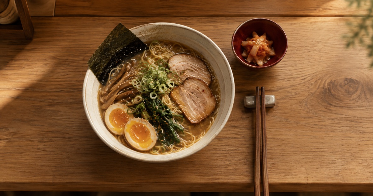 A bowl of ramen seen from above on a wooden counter, with chopsticks and a small red side dish