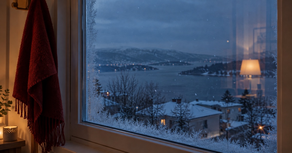 A frosted window at dawn with snow falling over a fjord, a warm lamp reflected in the glass and a deep red scarf hanging beside it